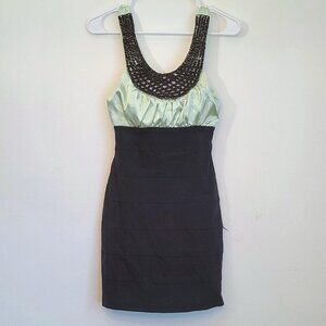 Y2K Trixxi Pistachio & Black Beaded Bodycon Dress with Satin Bust